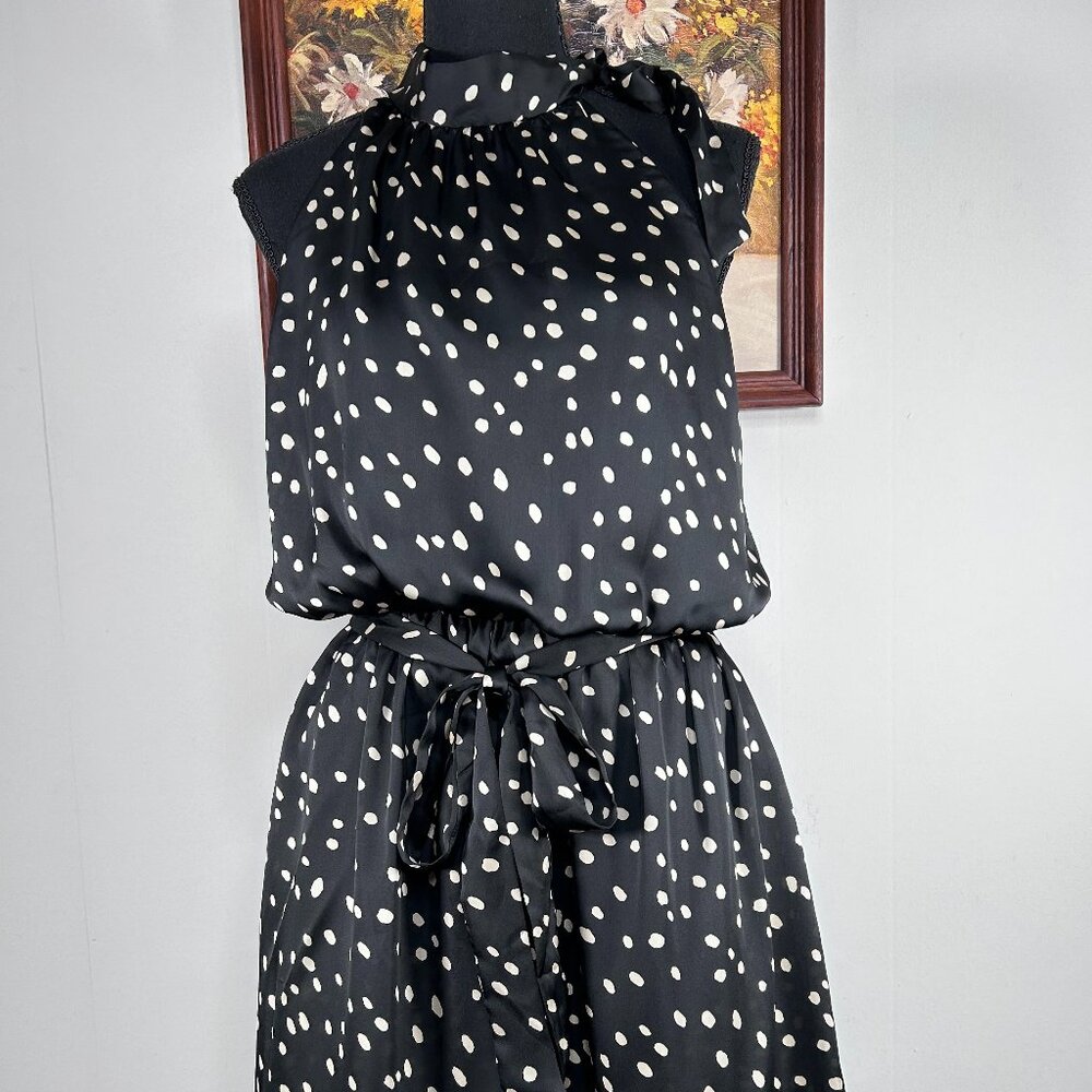 Ophelia Halter Neck A-Line Dress Women's Large Black Polka Dot Belt Tie USA